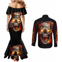 Skull Couples Matching Mermaid Dress and Long Sleeve Button Shirts Fire Skull Tattoo Scream DT01