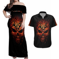 Skull Couples Matching Off Shoulder Maxi Dress and Hawaiian Shirt Fire Skull Tattoo Scream - Wonder Print Shop