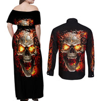 Skull Couples Matching Off Shoulder Maxi Dress and Long Sleeve Button Shirts Fire Skull Tattoo Scream - Wonder Print Shop