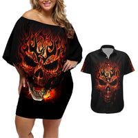 Skull Couples Matching Off Shoulder Short Dress and Hawaiian Shirt Fire Skull Tattoo Scream - Wonder Print Shop