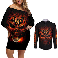 Skull Couples Matching Off Shoulder Short Dress and Long Sleeve Button Shirts Fire Skull Tattoo Scream - Wonder Print Shop