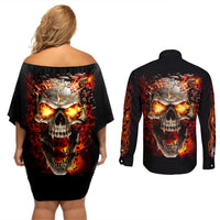 Skull Couples Matching Off Shoulder Short Dress and Long Sleeve Button Shirts Fire Skull Tattoo Scream - Wonder Print Shop