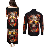 Skull Couples Matching Puletasi Dress and Long Sleeve Button Shirts Fire Skull Tattoo Scream - Wonder Print Shop