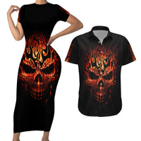 Skull Couples Matching Short Sleeve Bodycon Dress and Hawaiian Shirt Fire Skull Tattoo Scream - Wonder Print Shop