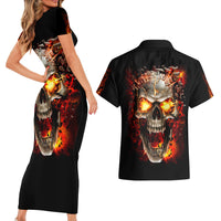 Skull Couples Matching Short Sleeve Bodycon Dress and Hawaiian Shirt Fire Skull Tattoo Scream - Wonder Print Shop