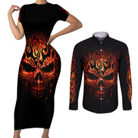 Skull Couples Matching Short Sleeve Bodycon Dress and Long Sleeve Button Shirts Fire Skull Tattoo Scream - Wonder Print Shop
