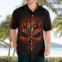 Black short-sleeve button-up Hawaiian shirt with fiery skull face print and flame details