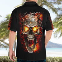 Black short-sleeve button-up Hawaiian shirt with detailed back fire skull graphic