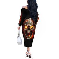 Skull Off The Shoulder Long Sleeve Dress Fire Skull Tattoo Scream - Wonder Print Shop