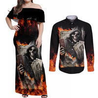 Skull Couples Matching Off Shoulder Maxi Dress and Long Sleeve Button Shirts Gambling Death Fire - Wonder Print Shop