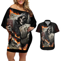 Skull Couples Matching Off Shoulder Short Dress and Hawaiian Shirt Gambling Death Fire - Wonder Print Shop