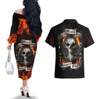 Skull Couples Matching Off The Shoulder Long Sleeve Dress and Hawaiian Shirt Gambling Death Fire - Wonder Print Shop