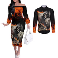 Skull Couples Matching Off The Shoulder Long Sleeve Dress and Long Sleeve Button Shirts Gambling Death Fire DT01