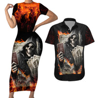 Skull Couples Matching Short Sleeve Bodycon Dress and Hawaiian Shirt Gambling Death Fire - Wonder Print Shop