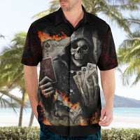 Black short-sleeve Hawaiian shirt with skull, playing cards, and orange fire detail