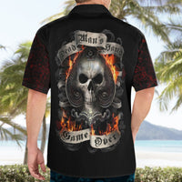 Black short-sleeve Hawaiian shirt, back skull and flames with ornamental border