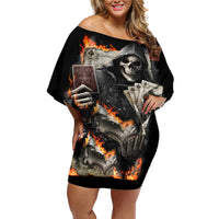 Skull Off Shoulder Short Dress Gambling Death Fire - Wonder Print Shop