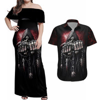 Skull Couples Matching Off Shoulder Maxi Dress and Hawaiian Shirt Death Skull Game Over - Wonder Print Shop