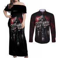 Skull Couples Matching Off Shoulder Maxi Dress and Long Sleeve Button Shirts Death Skull Game Over - Wonder Print Shop