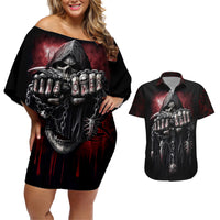 Skull Couples Matching Off Shoulder Short Dress and Hawaiian Shirt Death Skull Game Over - Wonder Print Shop