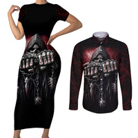 Skull Couples Matching Short Sleeve Bodycon Dress and Long Sleeve Button Shirts Death Skull Game Over - Wonder Print Shop