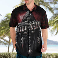 Black skull Hawaiian shirt on model, front button-up with chains and red accents