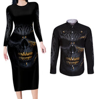Skull Couples Matching Long Sleeve Bodycon Dress and Long Sleeve Button Shirts Golden Skull Gangster - Wonder Print Shop