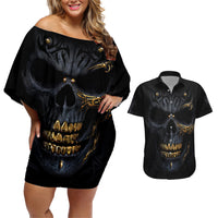 Skull Couples Matching Off Shoulder Short Dress and Hawaiian Shirt Golden Skull Gangster - Wonder Print Shop