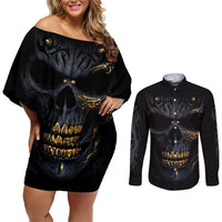 Skull Couples Matching Off Shoulder Short Dress and Long Sleeve Button Shirts Golden Skull Gangster - Wonder Print Shop