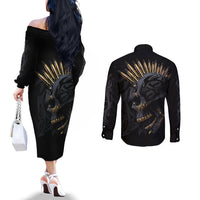 Skull Couples Matching Off The Shoulder Long Sleeve Dress and Long Sleeve Button Shirts Golden Skull Gangster DT01