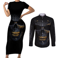 Skull Couples Matching Short Sleeve Bodycon Dress and Long Sleeve Button Shirts Golden Skull Gangster - Wonder Print Shop