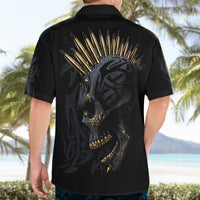 Black Hawaiian shirt back with gold skull and bullet spike artwork, short sleeves