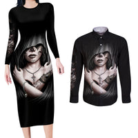 Skull Couples Matching Long Sleeve Bodycon Dress and Long Sleeve Button Shirts Girl Day Of The Dead - Wonder Print Shop