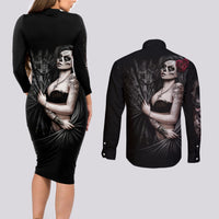 Skull Couples Matching Long Sleeve Bodycon Dress and Long Sleeve Button Shirts Girl Day Of The Dead - Wonder Print Shop