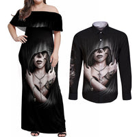 Skull Couples Matching Off Shoulder Maxi Dress and Long Sleeve Button Shirts Girl Day Of The Dead - Wonder Print Shop