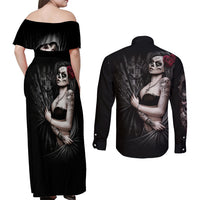 Skull Couples Matching Off Shoulder Maxi Dress and Long Sleeve Button Shirts Girl Day Of The Dead - Wonder Print Shop
