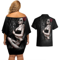 Skull Couples Matching Off Shoulder Short Dress and Hawaiian Shirt Girl Day Of The Dead - Wonder Print Shop