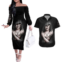 Skull Couples Matching Off The Shoulder Long Sleeve Dress and Hawaiian Shirt Girl Day Of The Dead - Wonder Print Shop