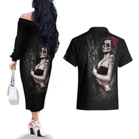 Skull Couples Matching Off The Shoulder Long Sleeve Dress and Hawaiian Shirt Girl Day Of The Dead - Wonder Print Shop