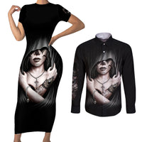 Skull Couples Matching Short Sleeve Bodycon Dress and Long Sleeve Button Shirts Girl Day Of The Dead - Wonder Print Shop
