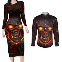 Skull Couples Matching Long Sleeve Bodycon Dress and Long Sleeve Button Shirts Flame Skull Lava Inside - Wonder Print Shop