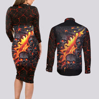 Skull Couples Matching Long Sleeve Bodycon Dress and Long Sleeve Button Shirts Flame Skull Lava Inside - Wonder Print Shop
