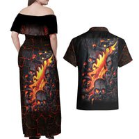 Skull Couples Matching Off Shoulder Maxi Dress and Hawaiian Shirt Flame Skull Lava Inside - Wonder Print Shop