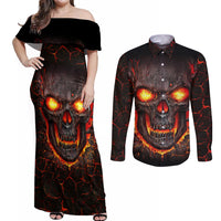 Skull Couples Matching Off Shoulder Maxi Dress and Long Sleeve Button Shirts Flame Skull Lava Inside - Wonder Print Shop