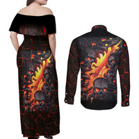 Skull Couples Matching Off Shoulder Maxi Dress and Long Sleeve Button Shirts Flame Skull Lava Inside - Wonder Print Shop