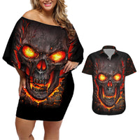 Skull Couples Matching Off Shoulder Short Dress and Hawaiian Shirt Flame Skull Lava Inside - Wonder Print Shop