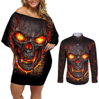 Skull Couples Matching Off Shoulder Short Dress and Long Sleeve Button Shirts Flame Skull Lava Inside - Wonder Print Shop