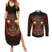 Skull Couples Matching Summer Maxi Dress and Long Sleeve Button Shirts Flame Skull Lava Inside - Wonder Print Shop