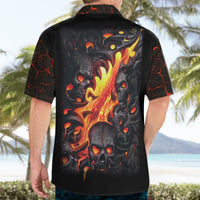 Black Hawaiian-style button shirt with flaming skull graphic on back, short sleeves.
