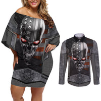 Skull Couples Matching Off Shoulder Short Dress and Long Sleeve Button Shirts Metal Head Skull American - Wonder Print Shop
